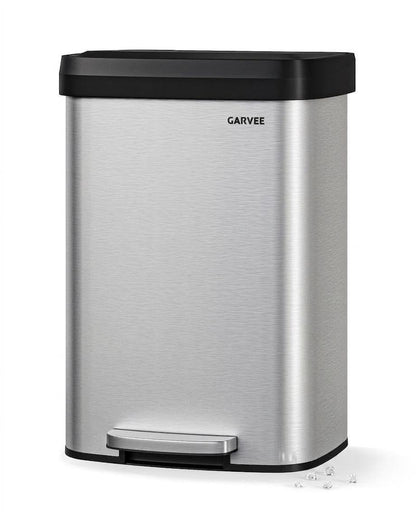 Garvee 13 gal / 50 L Stainless Steel Trash Can with Lid, Large Garbage Can for Kitchen, Rustproof Step-on Kitchen Metal Trash Bin with Liner Rim, Rear Handle, Soft Close Plastic Lid, Silver Garvee