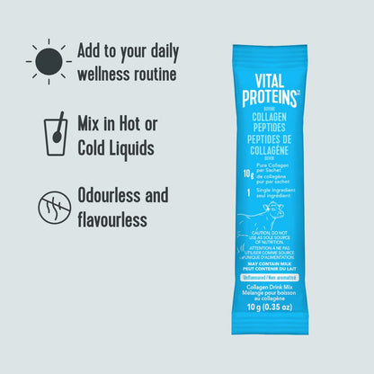 VITAL PROTEINS Bovine Collagen Peptides Powder, Single-serve Stick Packs, Unflavoured, Odourless, Gluten-free, No Added Sugar, Paleo-friendly, Non-GMO, No Artificial Flavours Or Colours, 200 g - Available at All In One Marketplace Canada