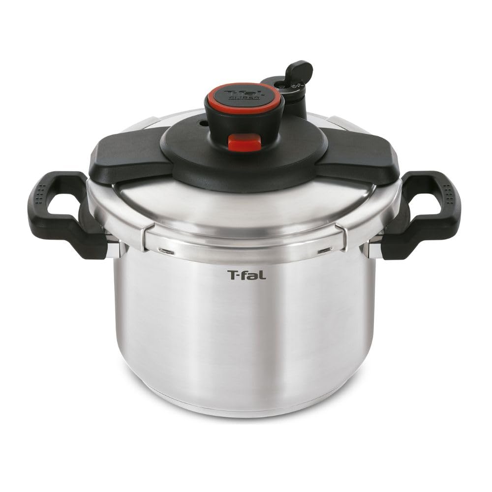 T-fal Clipso Stainless Steel Pressure Cooker, 6 Qt, Secure Locking System, One Hand System, Silver, Induction Compatible, Pressure Canner, Includes Recipe Book, Cookware T-Fal