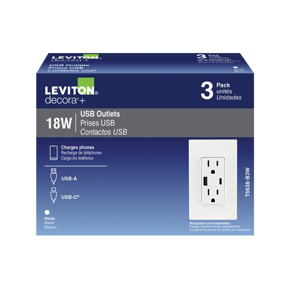 Leviton Tamper-Resistant Outlet, 3-Pack USB Type A/Type-C Wall Outlet Charger, 15 Amp, T5638-B3W, White