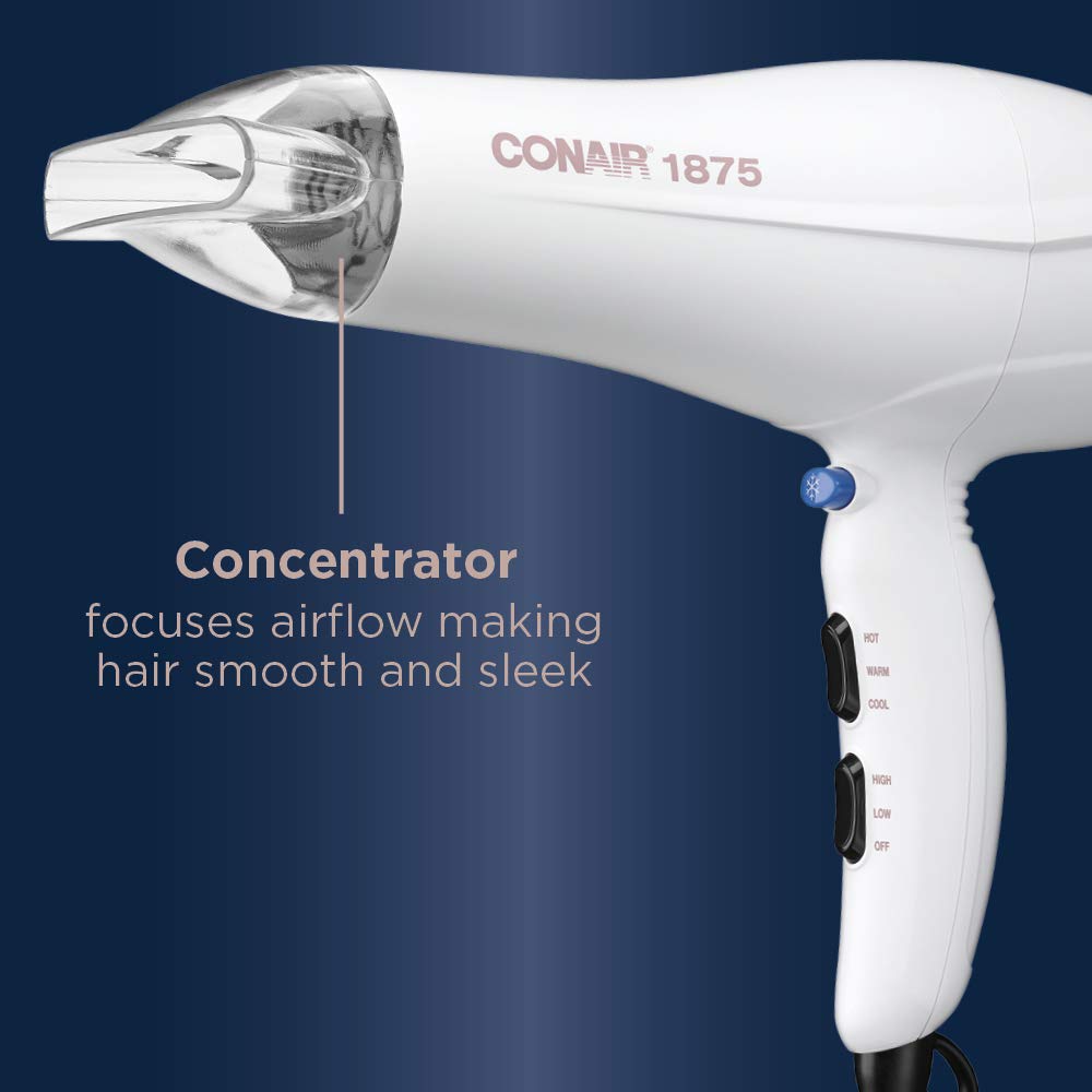 Conair Double Ceramic 1875W Hair Dryer, 3 Heat/ 2 Speed Blow Dryer, Powerful and Fast Drying, Includes Concentrator, Cool Shot Button, Removable Filter, White, Travel hair dryer Conair