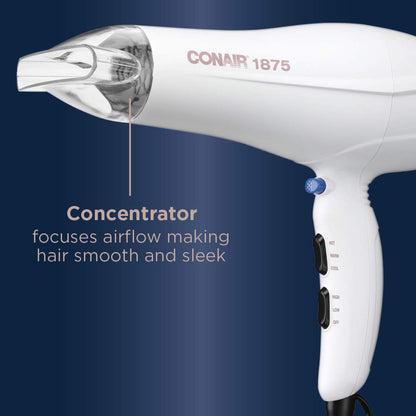 Conair Double Ceramic 1875W Hair Dryer, 3 Heat/ 2 Speed Blow Dryer, Powerful and Fast Drying, Includes Concentrator, Cool Shot Button, Removable Filter, White, Travel hair dryer Conair