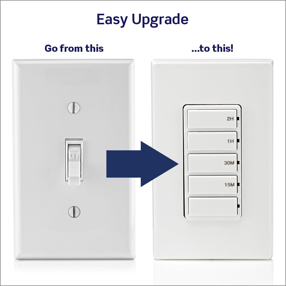 Leviton Countdown Timer Switch for Household Lights and Exhaust Fans, 15-30 min, 1-2 Hour, No Neutral Wire Required, Single Pole, 15A, 1/2HP/9.8A Fan/Motor, DT102-1LW, White 🍁 All In One Marketplace Canada