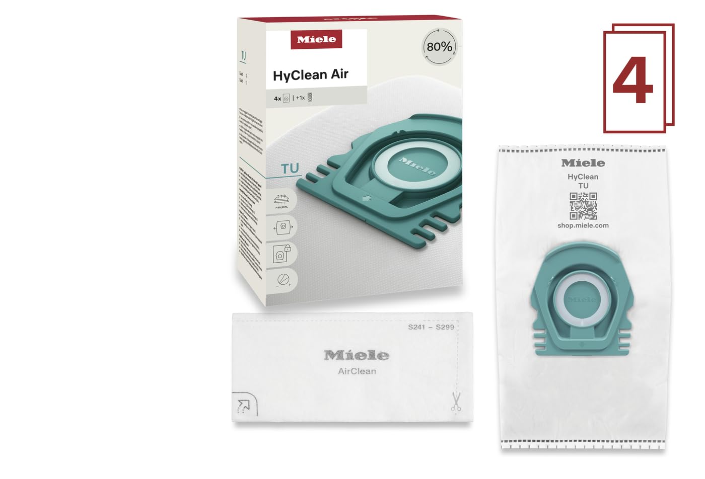 Miele HyClean Air TU Vacuum Cleaner Bags for Miele Guard S1/L1 Vacuum Cleaners, Pack of 4 Vacuum Bags and 1 AirClean Exhaust Filter – 12774420 Miele