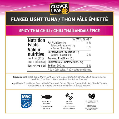 Clover Leaf Spicy Thai Chili Tuna - 15g Protein per Serving - 85g Cans, 24 Pack