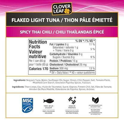 Clover Leaf Spicy Thai Chili Tuna - 15g Protein per Serving - 85g Cans, 24 Pack