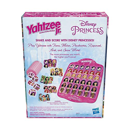 Hasbro Yahtzee Jr.: Disney Princess Edition Board Game for Kids Ages 4 and Up, for 2-4 Players, Counting and Matching Game for Preschoolers (English), F1236