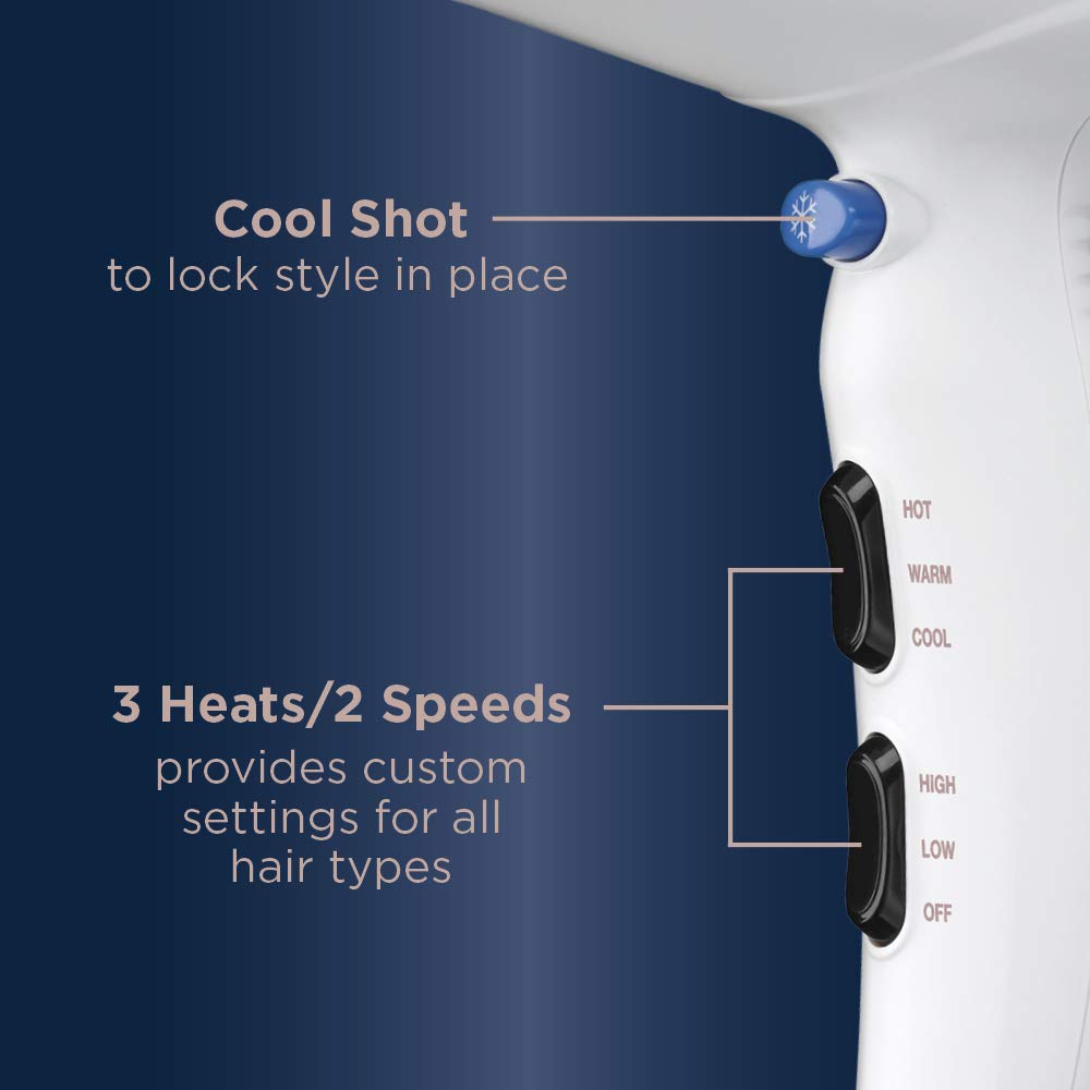 Conair Double Ceramic 1875W Hair Dryer, 3 Heat/ 2 Speed Blow Dryer, Powerful and Fast Drying, Includes Concentrator, Cool Shot Button, Removable Filter, White, Travel hair dryer Conair