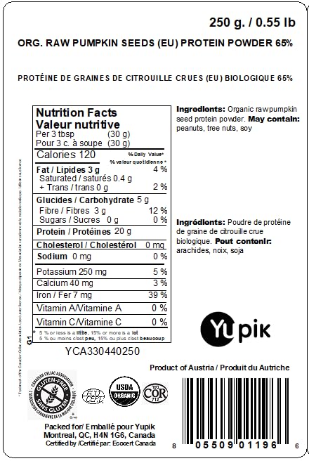 Yupik Organic Raw Pumpkin Seed Protein Powder 65% Protein 1kg – USDA Certified, Non-GMO, Vegan, Gluten-Free, Kosher