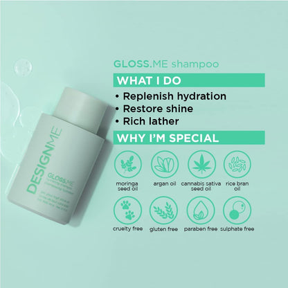 Design.Me GLOSS.ME Hydrating Shampoo | Hemp & Argan Oil Shampoo Adds Softness & Shine | Straight, Wavy, or Curly Hair Shampoo | Sulfate-Free & Color-Safe Moisturizing Shampoo for Dry Hair, 10 Fl Oz - Available at All In One Marketplace Canada