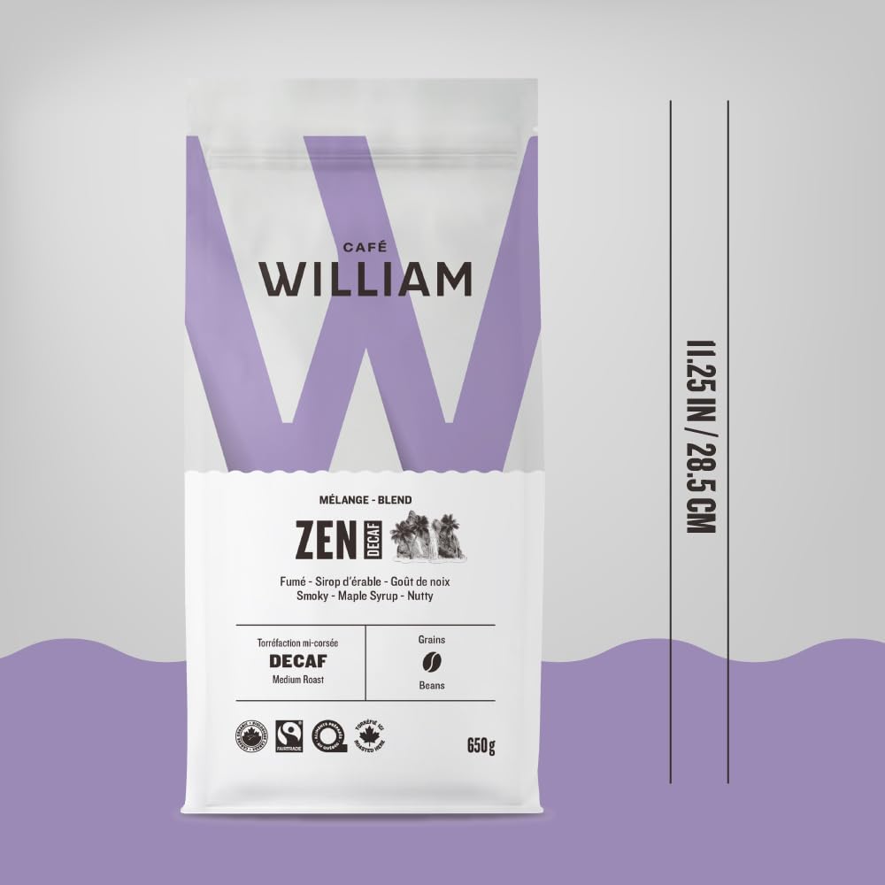 ZEN Organic Decaf Medium Roast Whole Bean Coffee | Water-Processed | Smoky, Maple & Nutty Flavors | Espresso & Filter Compatible | Canadian Roasted | 650g (2-Pack)