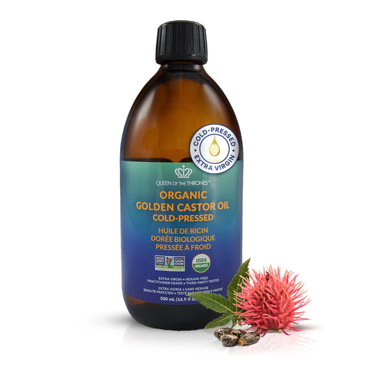 Queen of the Thrones Organic Golden Castor Oil - Pure Cold-Pressed Castor Oil for Self-Care - Multipurpose Clean Beauty Product for Hair, Nails & Skin - Silicone Precision Pump - 16.9 fl oz - Available at All In One Marketplace Canada