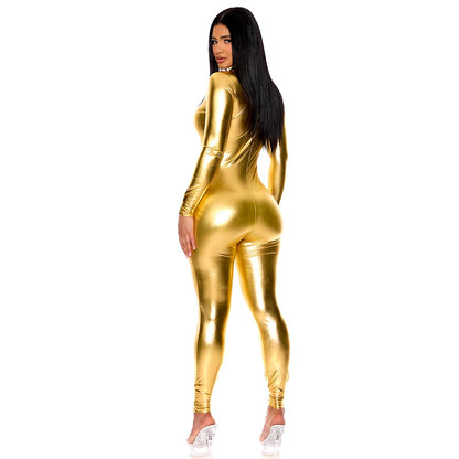 Combinaison moulante Forplay pour femme à col montant, fermeture éclair à l'avant, effet métallisé - Costume d'Halloween pour adulte, doré, 1/2X