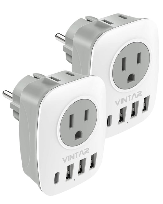 2 Pack Type E/F Travel Adapter, VINTAR Schuko Germany France Adapter Plug, European Outlet Adapter with 1 USB C,3 USB Ports and US Outlets, US to EU Spain Portugal Iceland Greece Russia Korea Paris