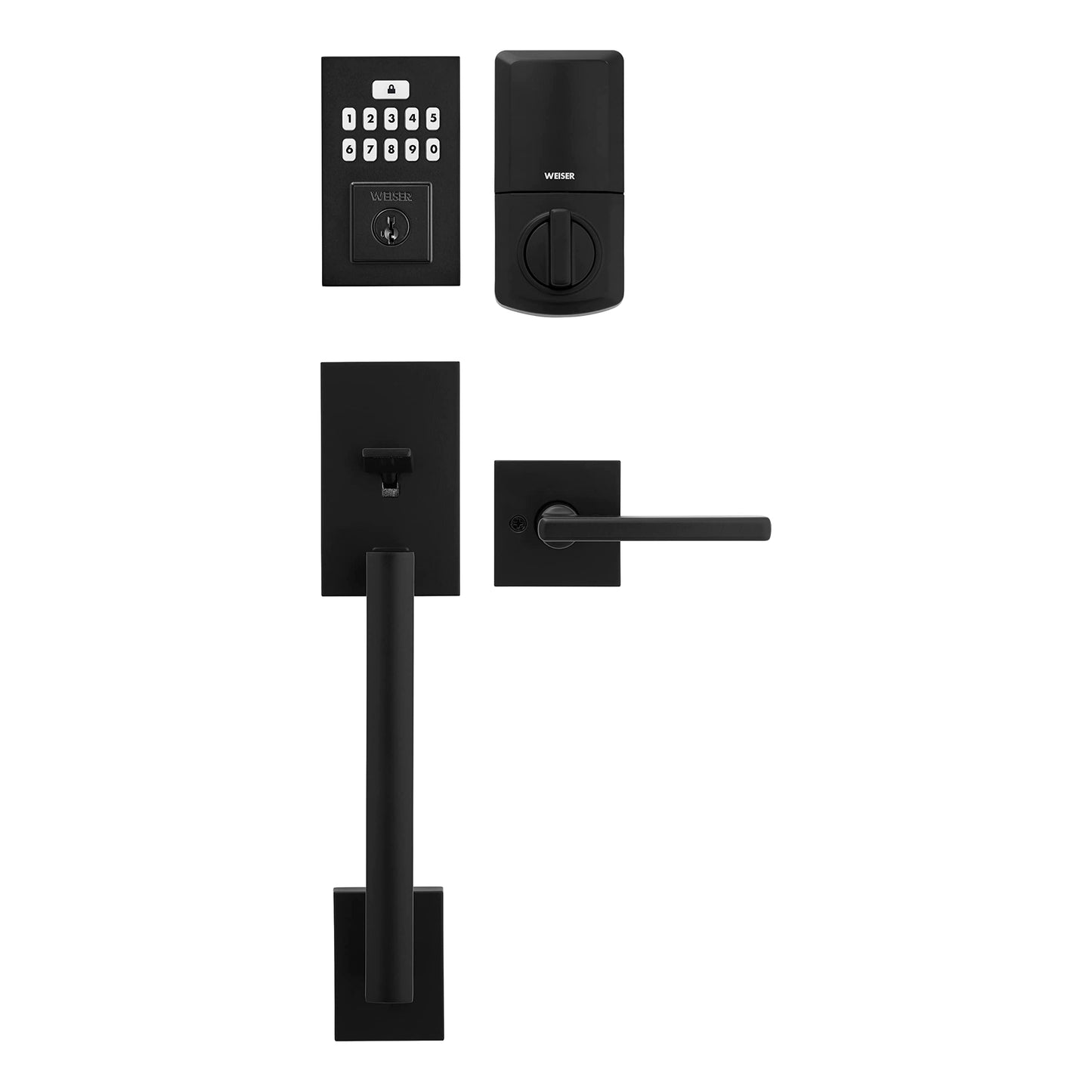 Weiser Matte Black Front Door Lock and Handle Set, SmartCode Keypad Door Lock with San Clemente Handleset & Halifax Interior Door Handle, Keyless Entry Door Lock, Front Door Handles with Deadbolt Lock Weiser