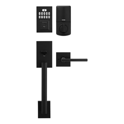 Weiser Matte Black Front Door Lock and Handle Set, SmartCode Keypad Door Lock with San Clemente Handleset & Halifax Interior Door Handle, Keyless Entry Door Lock, Front Door Handles with Deadbolt Lock Weiser