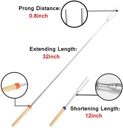Marshmallow Roasting Sticks, Roasting Sticks with Wooden Handle 32 Inch Extendable BBQ Forks Telescoping Sticks Telescopic Stainless Steel Skewers for Grilling,Campfire (10)