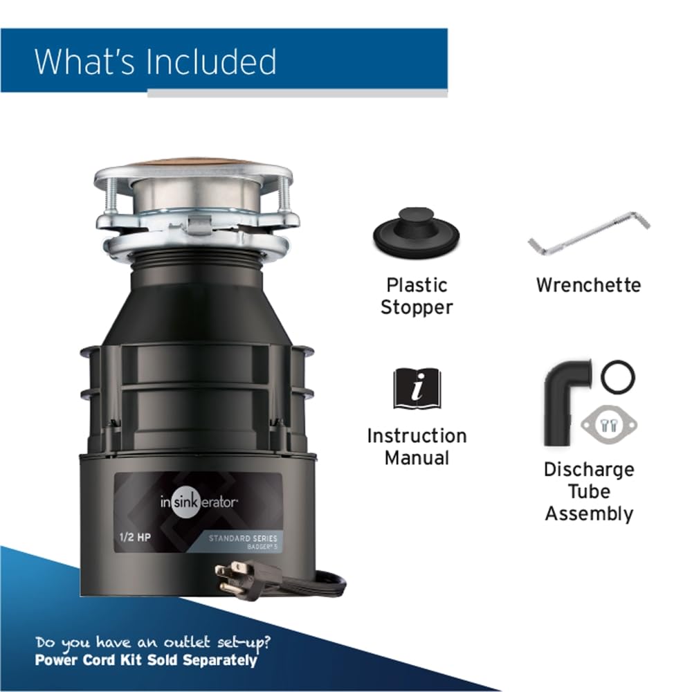 InSinkErator Badger 5 Garbage Disposal with Power Cord, Standard Series 1/2 HP Continuous Feed Garburator, Badger 5 W/C