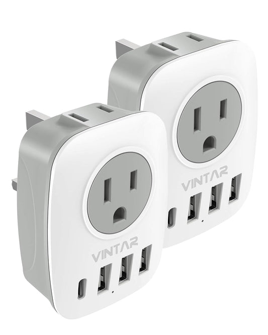 2 Pack UK Ireland Travel Plug Adapter, VINTAR Canada to UK Plug Adapter with 1 USB C, 2 American Outlets and 3 USB Ports, 6 in 1 International Power Adapter for England Singapore Hongkong（Type G） - Available at All In One Marketplace Canada
