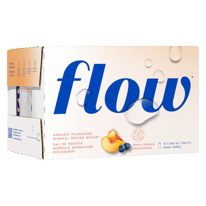 Flow Artesian Mineral Spring Water, Peach + Blueberry, 500 ml, 12 Pack
