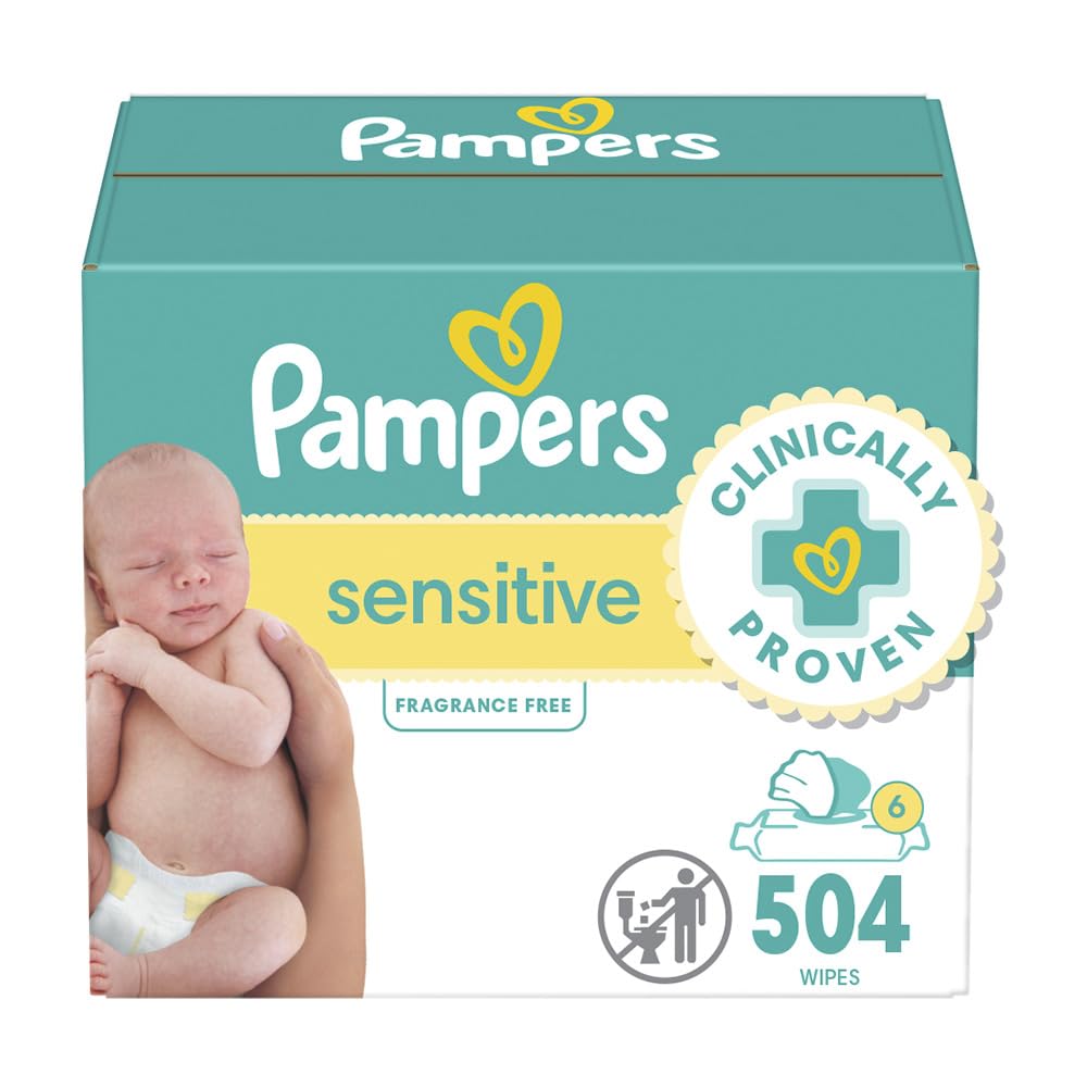 Pampers Sensitive Baby Wipes, Clinically Proven, Water Based, Hypoallergenic and Unscented Baby Wipes, 504 Baby Wipes Total (6X Flip-Top Packs)