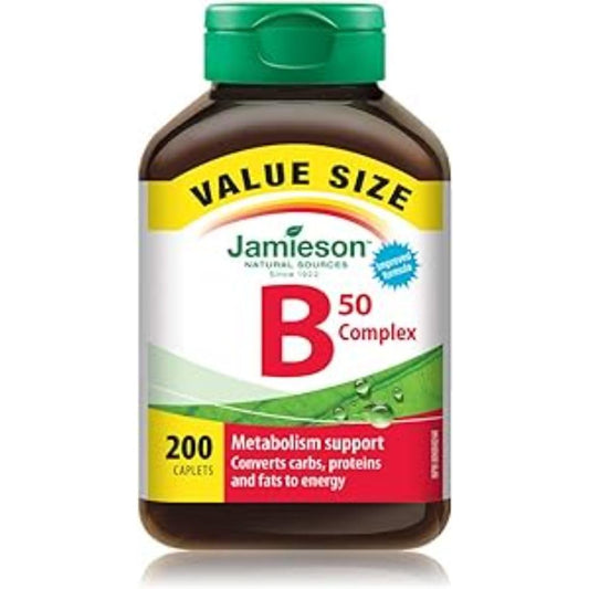 Jamieson Vitamin B50 Complex, Blend of 8 Essential B Vitamins, with Folate for Cellular Health, Supports Energy Production and Metabolism. Vegetarian, Non-GMO. Gluten-Free, Value Size, 200 Caplets, Proudly Canadian - Available at All In One Marketplace Canada