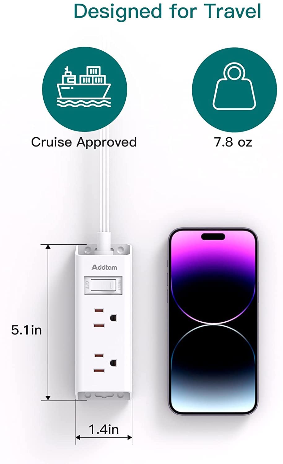 Travel Essentials - Flat Plug Power Bar, Addtam 5 ft Ultra Flat Extension Cord with 6 Outlets Extender, Multi Plug Outlet with No Surge Protector for Cruise Ship, Dorm Room, Home and Office Essentials