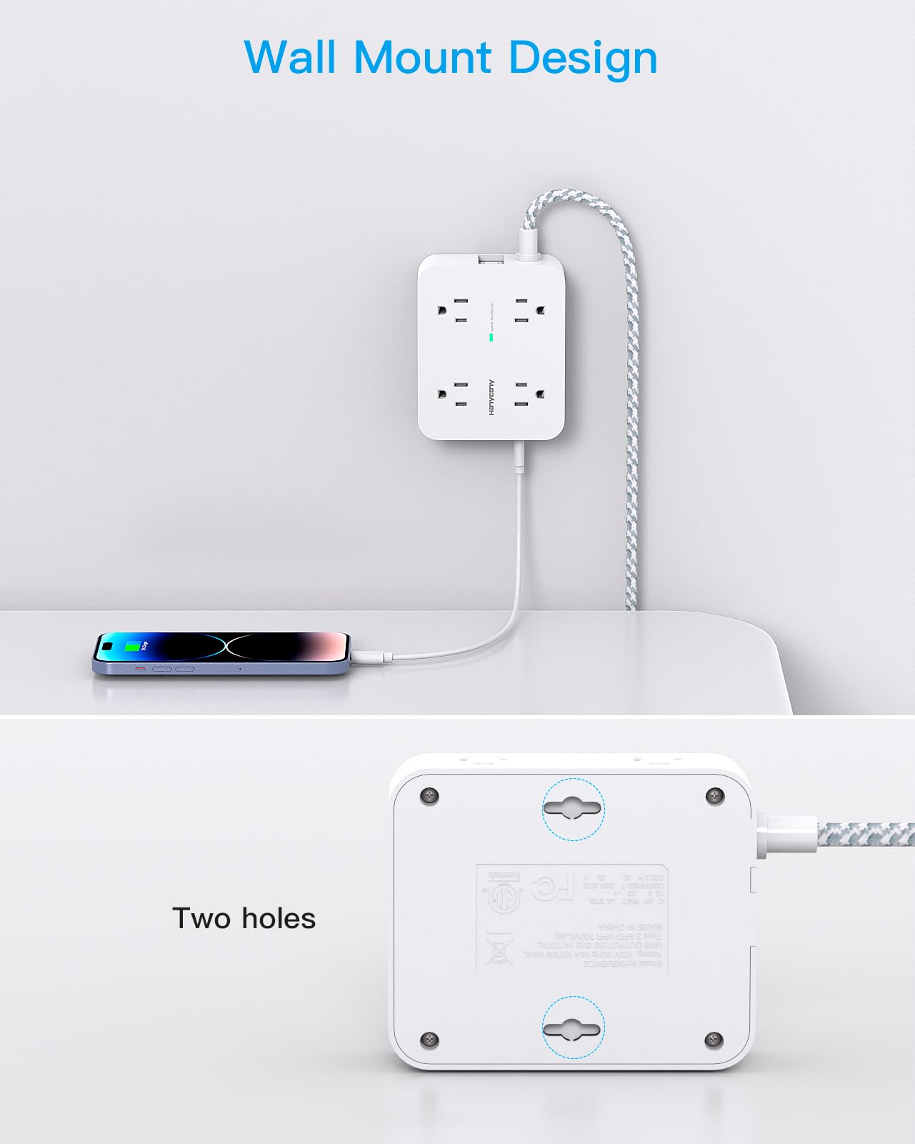 Surge Protector Power Bar - 8 Outlets 4 USB Charging Ports(2 USB C), Power Strip with 5Ft Braided Extension Cord, Flat Plug, Wall Mount Desk USB C Charging Station for Home Office College Essentials