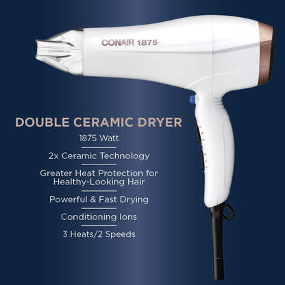 Conair Double Ceramic 1875W Hair Dryer, 3 Heat/ 2 Speed Blow Dryer, Powerful and Fast Drying, Includes Concentrator, Cool Shot Button, Removable Filter, White, Travel hair dryer Conair