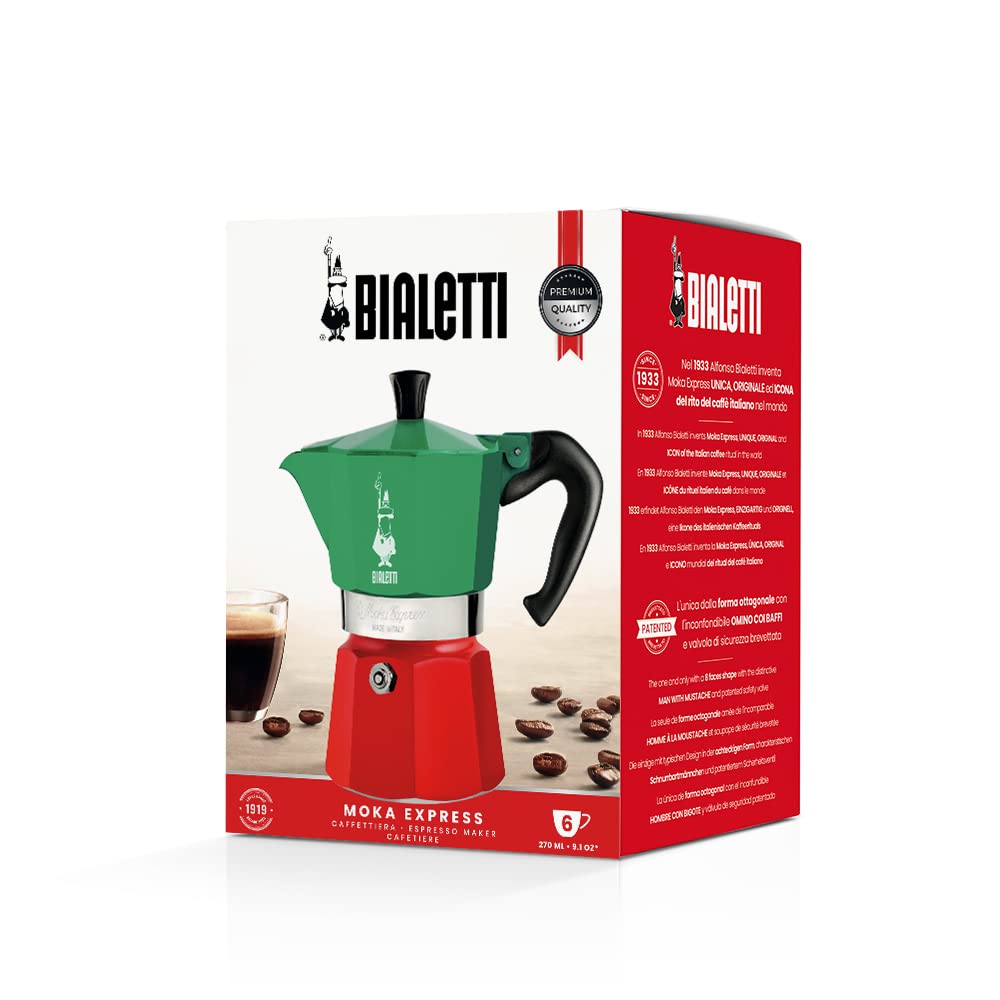 Bialetti Moka Express 6-Cup Aluminum Stovetop Espresso Maker, Tricolore - Available at All In One Marketplace Canada