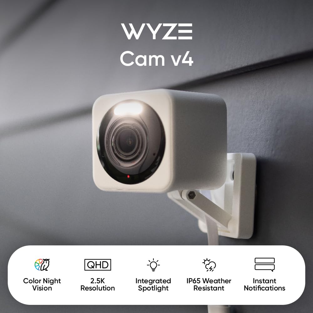 WYZE Cam v4 (Latest Model), 2.5K AI Security Camera, Indoor/Outdoor Cameras for Home Security, Vibrant Color Night Vision, No Subscription Required, Free Expert Help, White