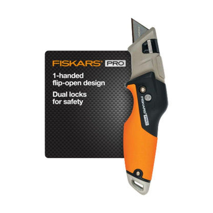 Fiskars Pro Retractable Folding Utility Knife, Box Cutter with Long-Lasting CarbonMax Razor Blade and Dual Lock Safety, Orange/Black Fiskars