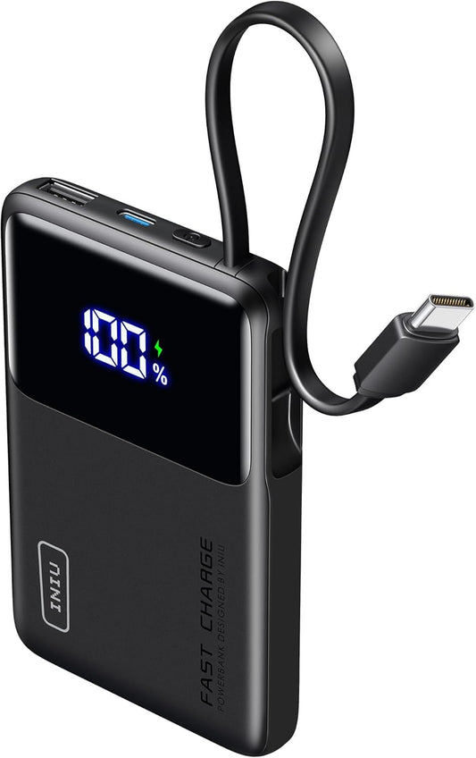 INIU 45W Power Bank, Slimmest 10000mAh Portable Charger with Built in USB C Cable, Fast Charging USB C in&Out Battery Pack, Travel External Phone Charger for iPhone 17 16 15 Samsung S25 S24 iPad etc