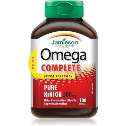 Jamieson Omega Complete Pure Krill Oil 500 mg, 100 Softgels, No Fishy Aftertaste, Supports Heart Health, and Provides Superior Absorption. With Antarctic Krill Oil. Proudly Canadian Jamieson