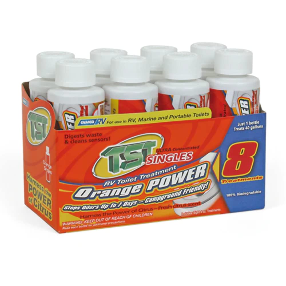 Camco TST MAX Camper/RV Toilet Treatment Singles - Control Unwanted Odors and Break Down Waste and Tissue - Septic Tank Safe -Orange Scent, (8) 4 oz Bottles (41198) Camco
