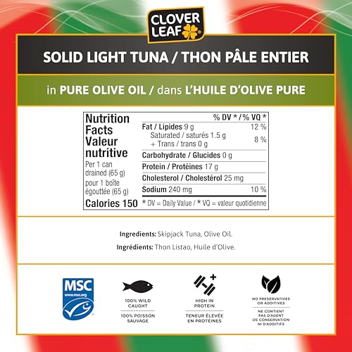 Clover Leaf Solid Light Tuna in Pure Olive Oil – 15g Protein Per Serving – Wild Caught, No Preservatives – 85g Can (24-Pack)