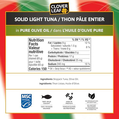 Clover Leaf Solid Light Tuna in Pure Olive Oil – 15g Protein Per Serving – Wild Caught, No Preservatives – 85g Can (24-Pack)
