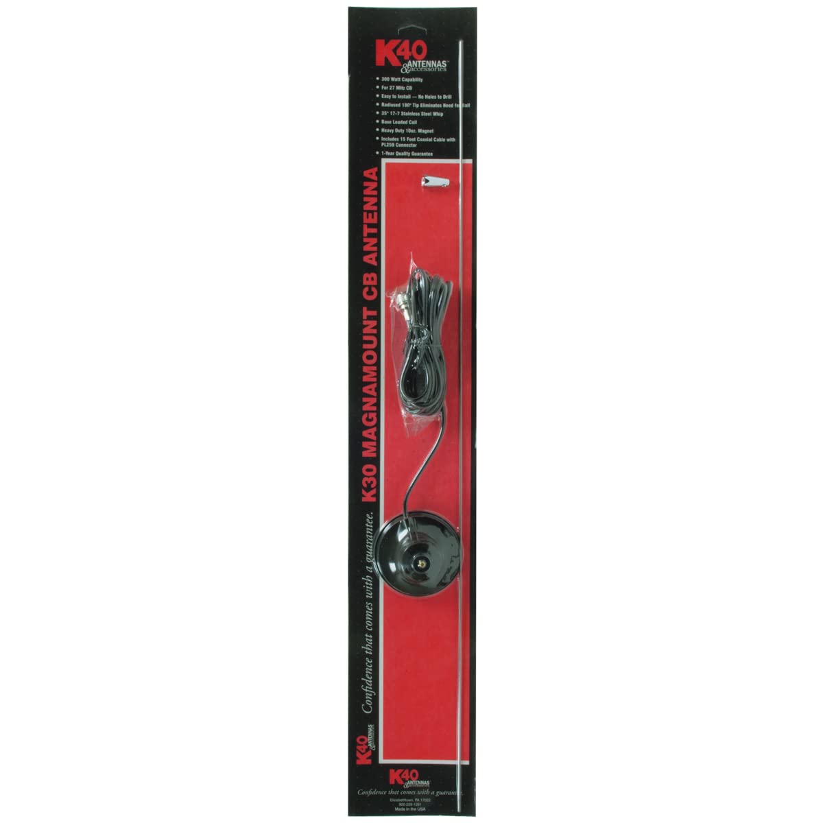 K40 Model K-30 35" Magnet Mount Stainless Steel CB Antenna - 300 Watts, Black