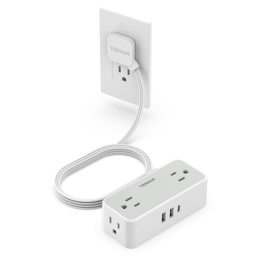 Surge Protector Flat Extension Cord Indoor, TESSAN Flat Plug Power Bar with 4 Multiple Outlets, 3 USB Ports (1 USB C), 5 Feet Small Power Strip Wall Mounted for Home Office Dorm Room, Gray