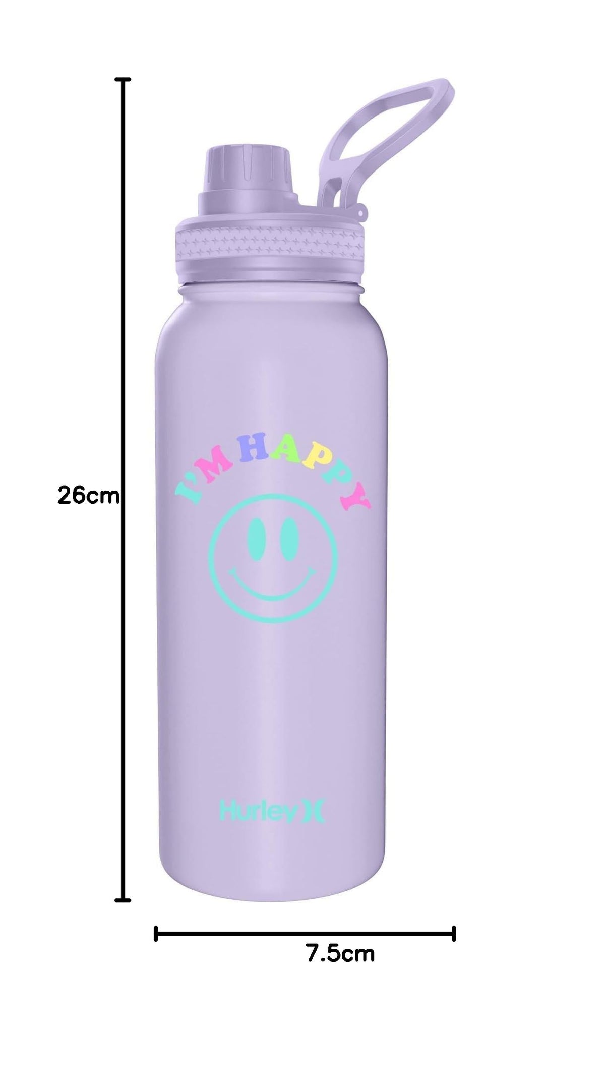 Hurley 32 Oz Reusable Water Bottle with Chug Cap Stainless Steel Sports Bottle "I'M HAPPY" Design with Handle on Lid, Purple