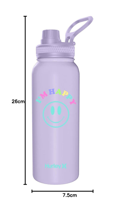 Hurley 32 Oz Reusable Water Bottle with Chug Cap Stainless Steel Sports Bottle "I'M HAPPY" Design with Handle on Lid, Purple