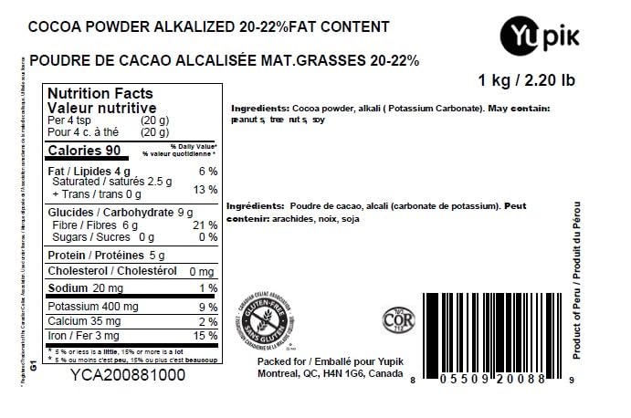 Yupik Alkalized Cocoa Powder 1kg – Dutch-Processed, 20-22% Cocoa Butter, Gluten-Free & Vegan