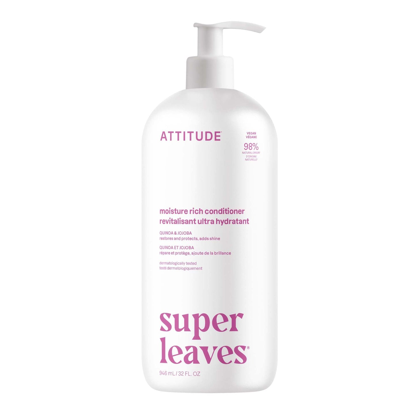 ATTITUDE Moisture Rich Hair Conditioner, Made in Canada, For Dry and Damaged Hair, Naturally Derived Ingredients, Vegan Detangler, Dermatologiocally Tested, Quinoa and Jojoba, 946 mL