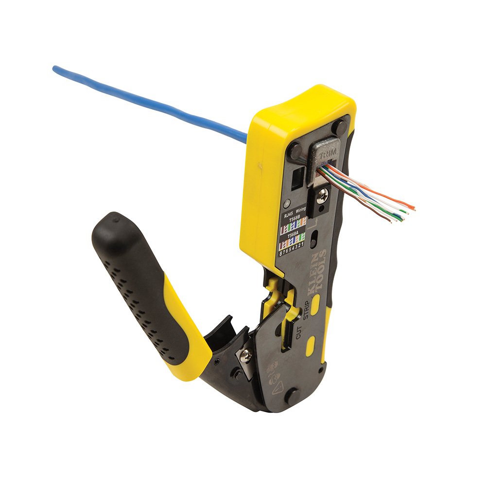 Klein Tools VDV226-110 Ratcheting Modular Data Cable Crimper/Wire Stripper/Wire Cutter for RJ11/RJ12 Standard, RJ45 Pass-Thru Connectors KLEIN TOOLS