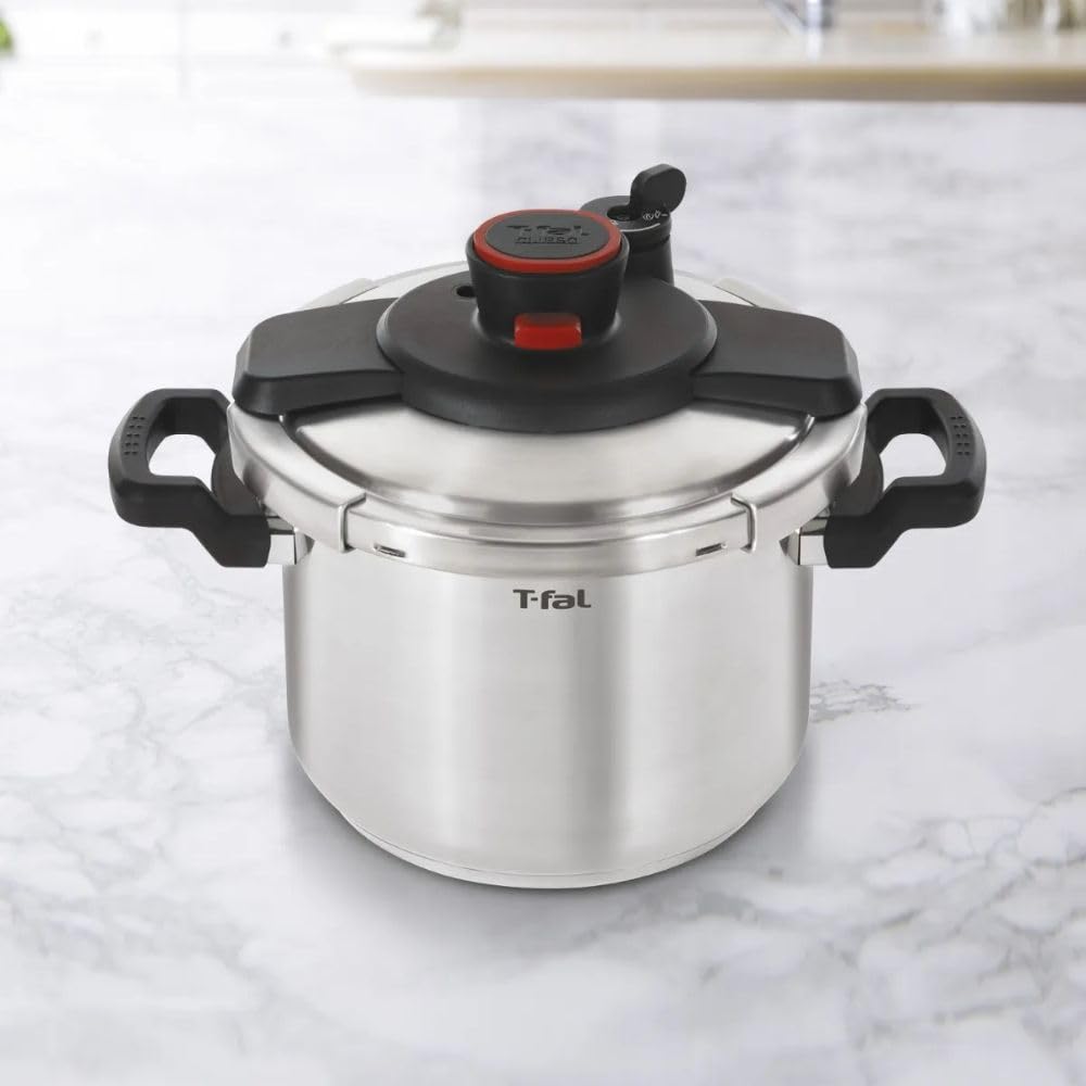 T-fal Clipso Stainless Steel Pressure Cooker, 6 Qt, Secure Locking System, One Hand System, Silver, Induction Compatible, Pressure Canner, Includes Recipe Book, Cookware T-Fal