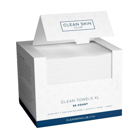 Clean Skin Club Clean Towels XL®, 100% USDA Biobased Face Towel, Disposable Face Towelette, Eczema Association Accepted, Makeup Remover Dry Wipes, Ultra Soft, 50 ct per pack, 2 Packs, 100 Ct Total
