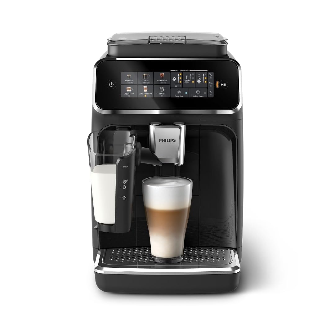 PHILIPS 3300 Series Fully Automatic Espresso Machine with LatteGo Milk System and integrated grinder, 6 Hot & Iced Coffee Pre-Sets, 40% Quieter SilentBrew, 15-Bar Pressure, Glossy Black (EP3341/50) PHILIPS
