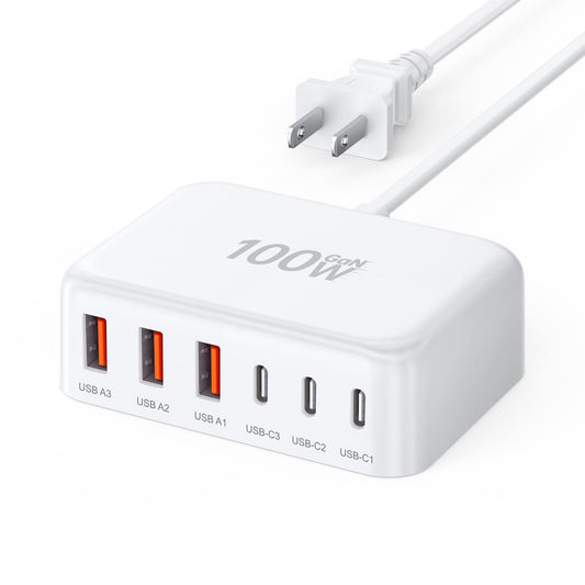 USB C Charger Block, 100W 6 Port PD USB C Charging Station and QC USB A Wall Charger Block Cube, Type C Charging Hub for iPhone 17 16 15 14 13 12 Pro Max iPad Galaxy S25 Pixel, 5ft Extension Cord - Available at All In One Marketplace Canada