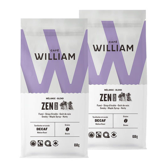 ZEN Organic Decaf Medium Roast Whole Bean Coffee | Water-Processed | Smoky, Maple & Nutty Flavors | Espresso & Filter Compatible | Canadian Roasted | 650g (2-Pack)