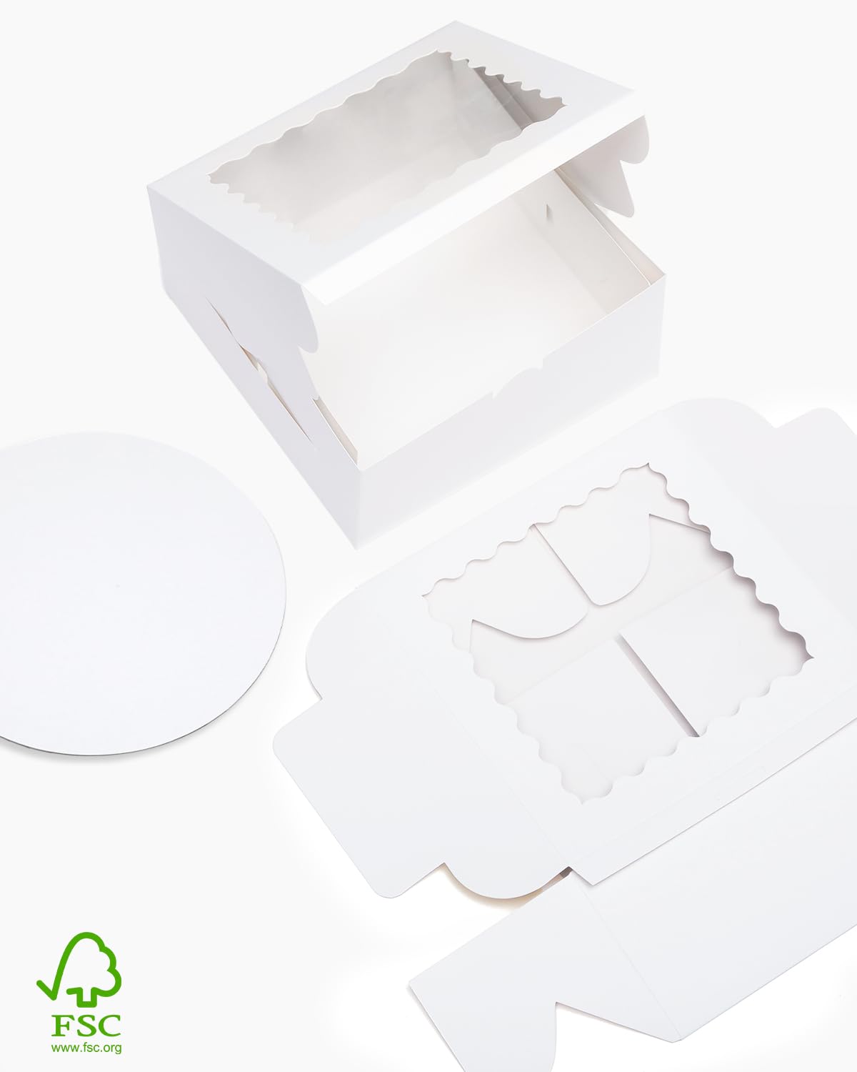 qiqee 10x10x5 Cake Box, 18 Sets White Cake Box with Window ＆ 18 Sets 10" White Cake Round Boards, 10inch Cake Containers & 10 Meters Gold Silk Ribbon 🍁 All In One Marketplace Canada